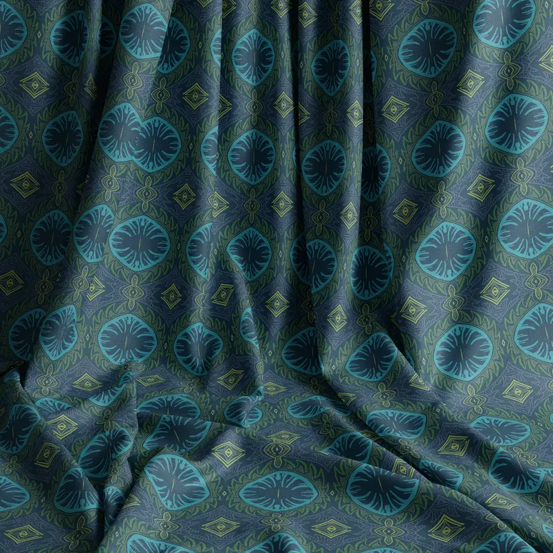 Tribal Palm Blue Natural Cotton Linen Mix