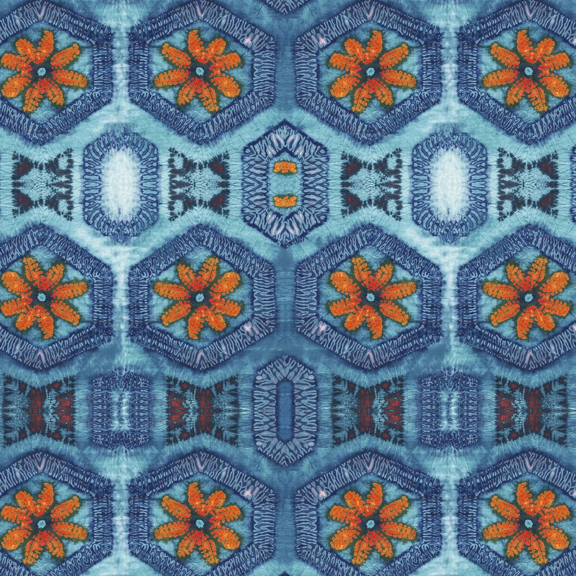 Blue and Tangerine Nui Burst Velvet Fabric by Tatie Lou