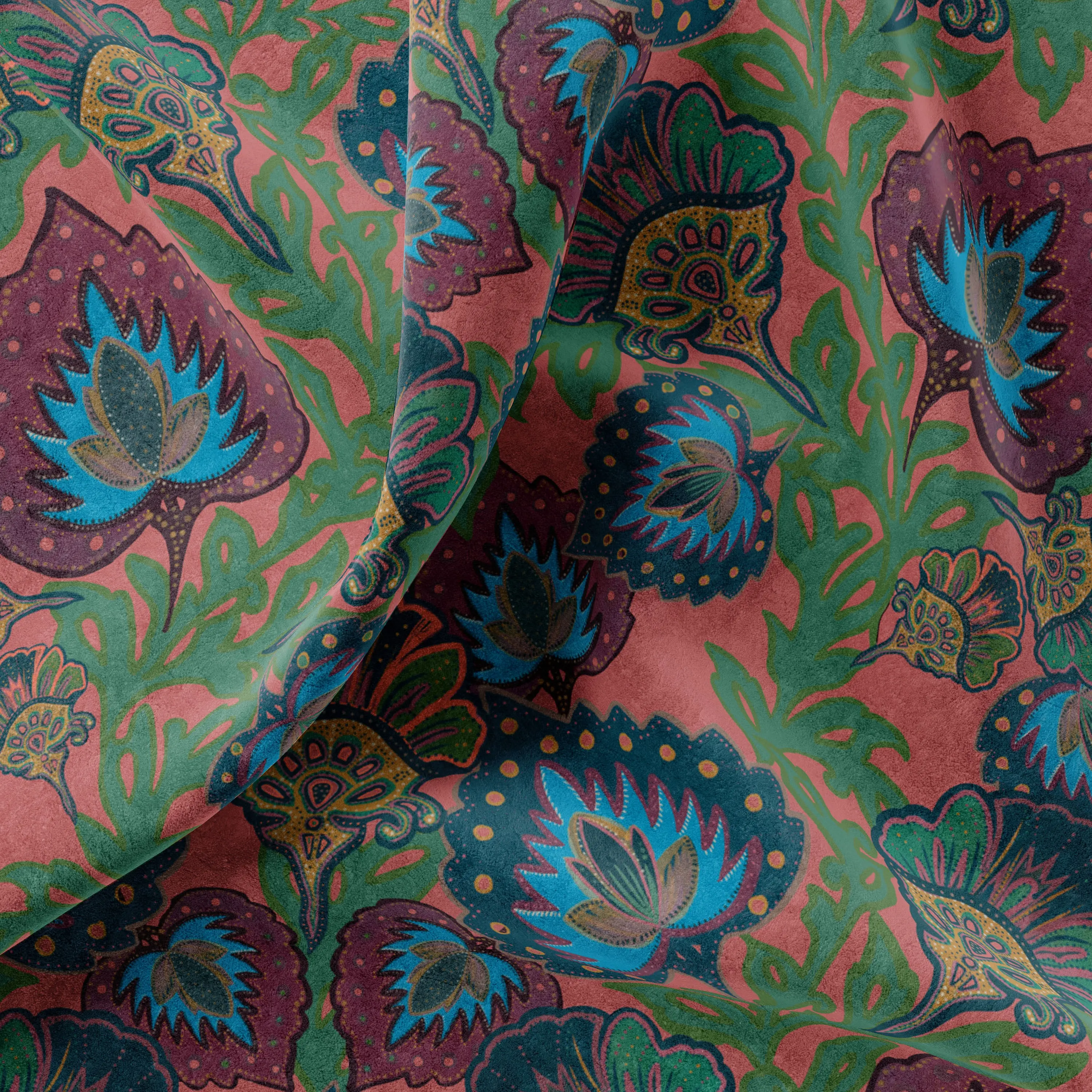 Garden of India Coral Velvet Fabric by Tatie Lou