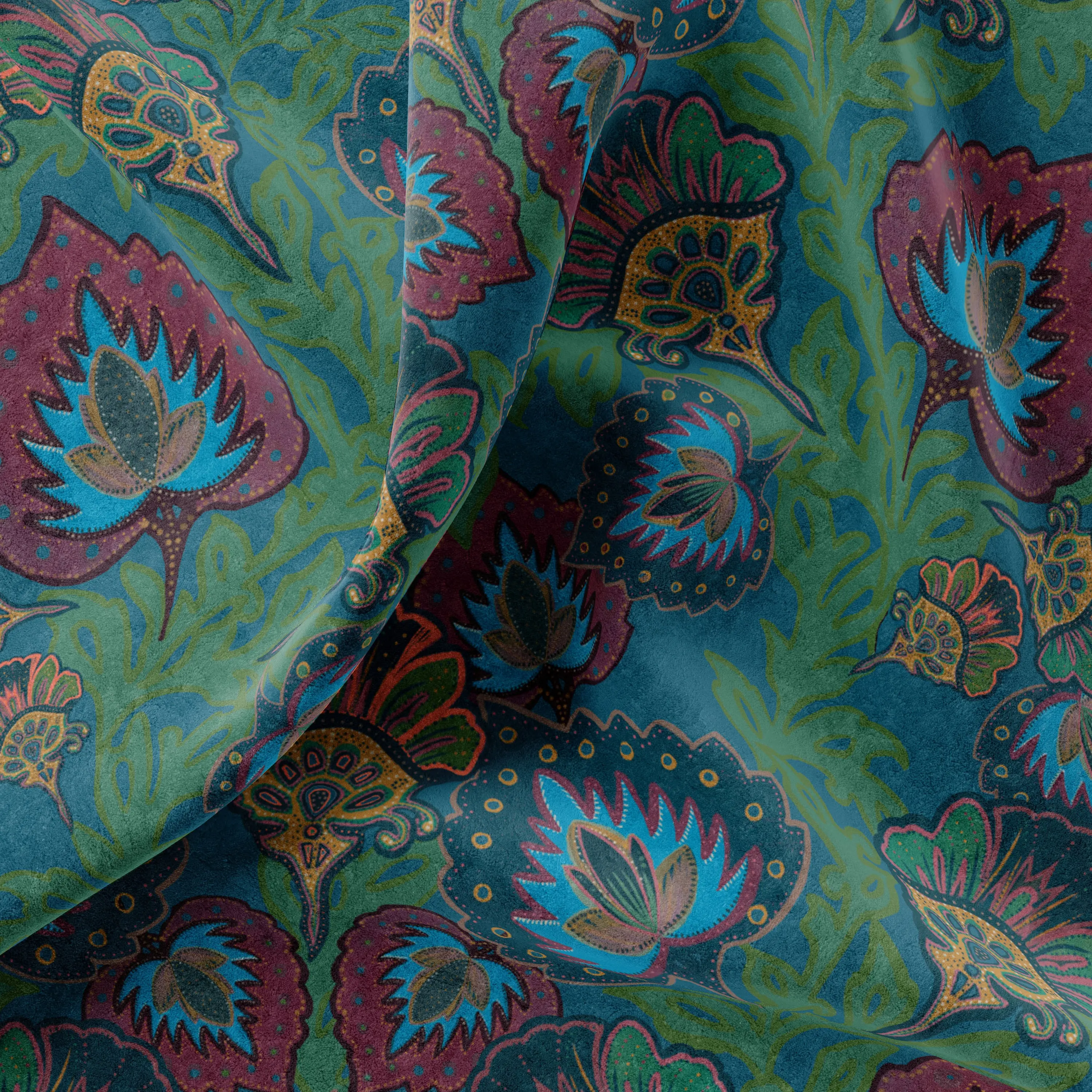 Garden of India Peacock Velvet Fabric by Tatie Lou