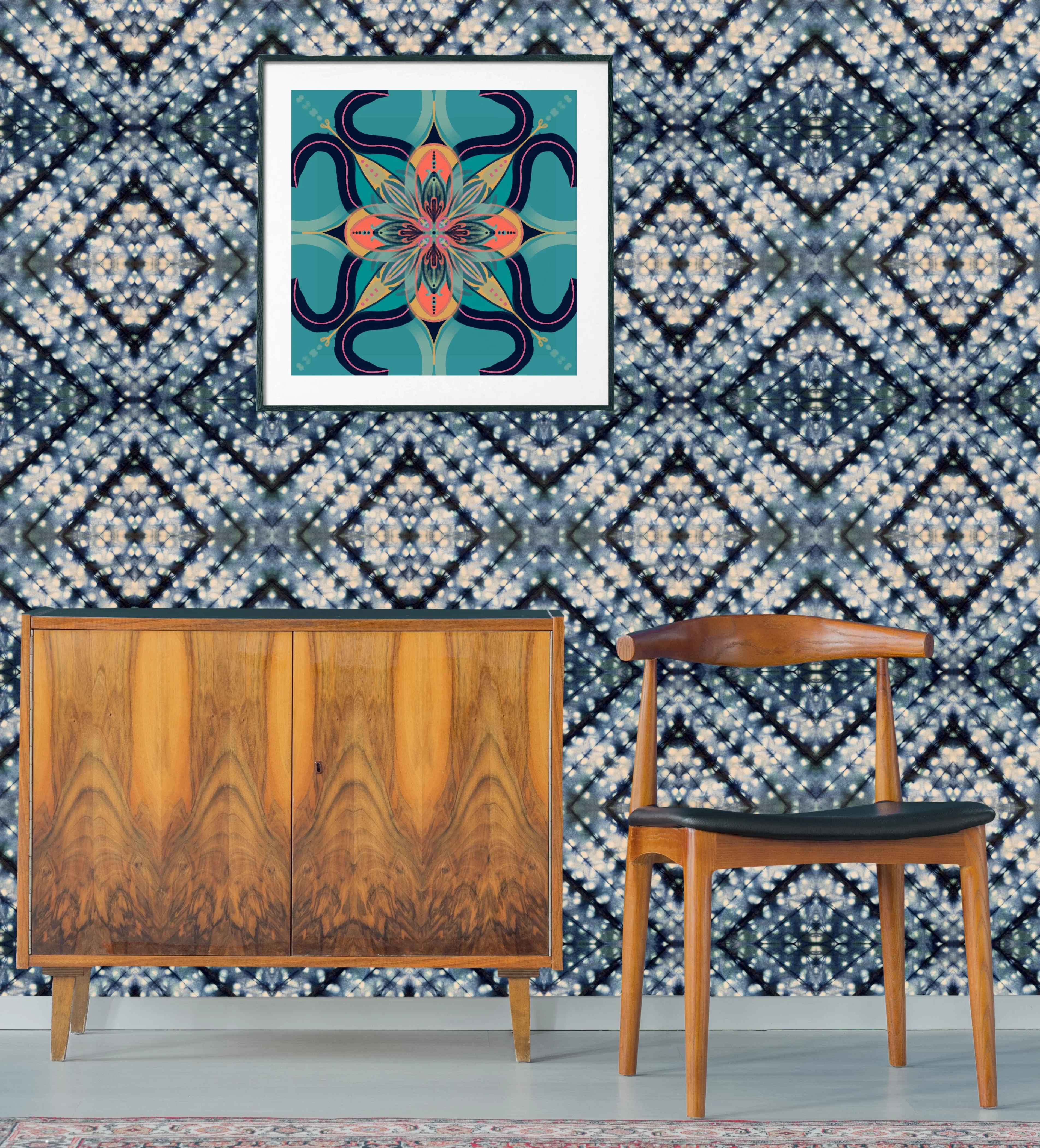 Indigo Itajime Cross Wallpaper by Tatie Lou