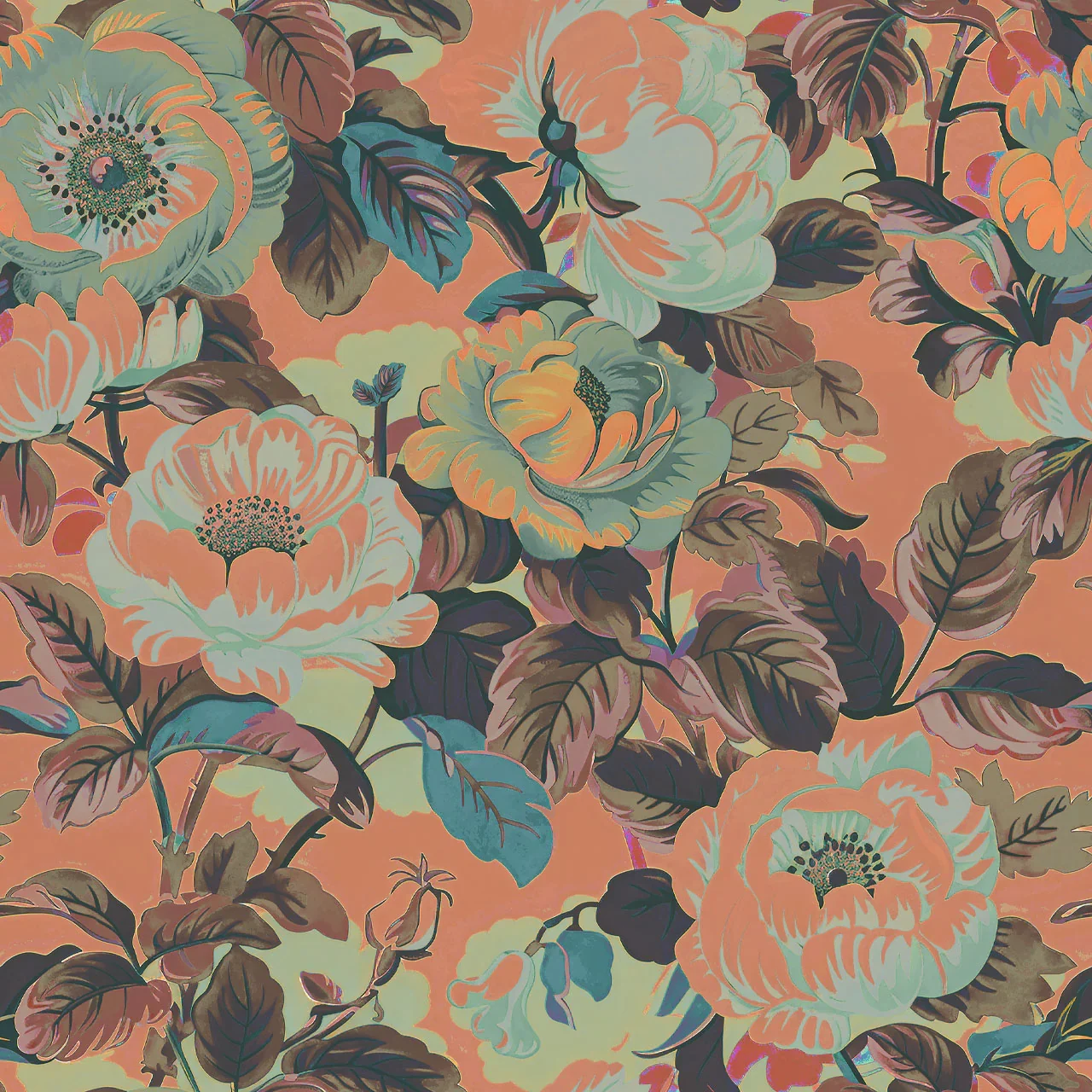 Rococo Roses Coral Wallpaper by Tatie Lou