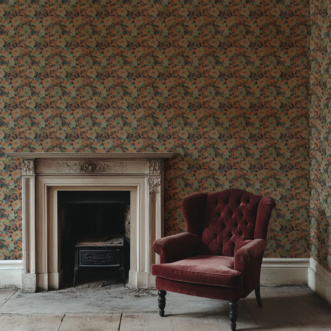 Rococo Roses Coral Wallpaper by Tatie Lou