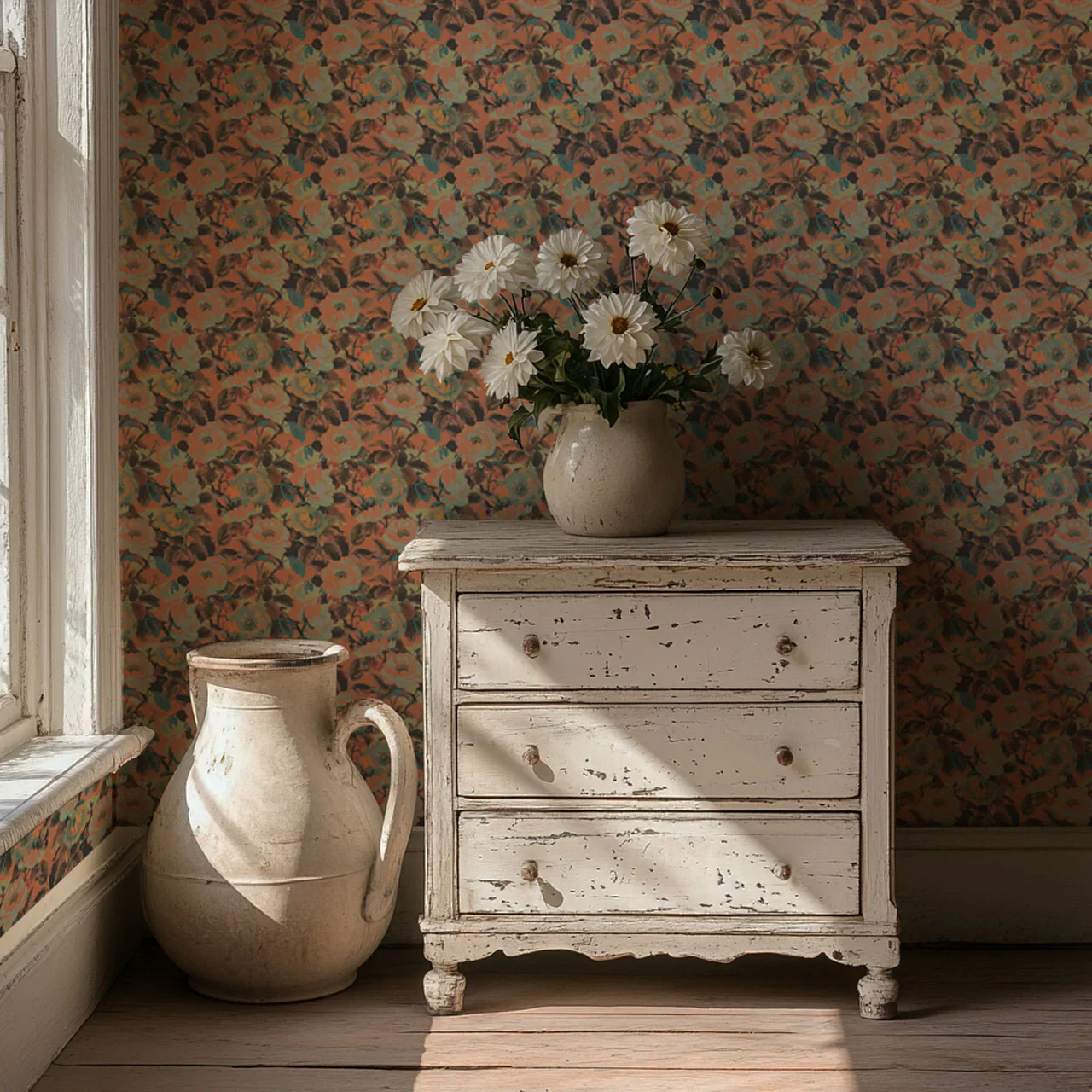 Rococo Roses Coral Wallpaper by Tatie Lou