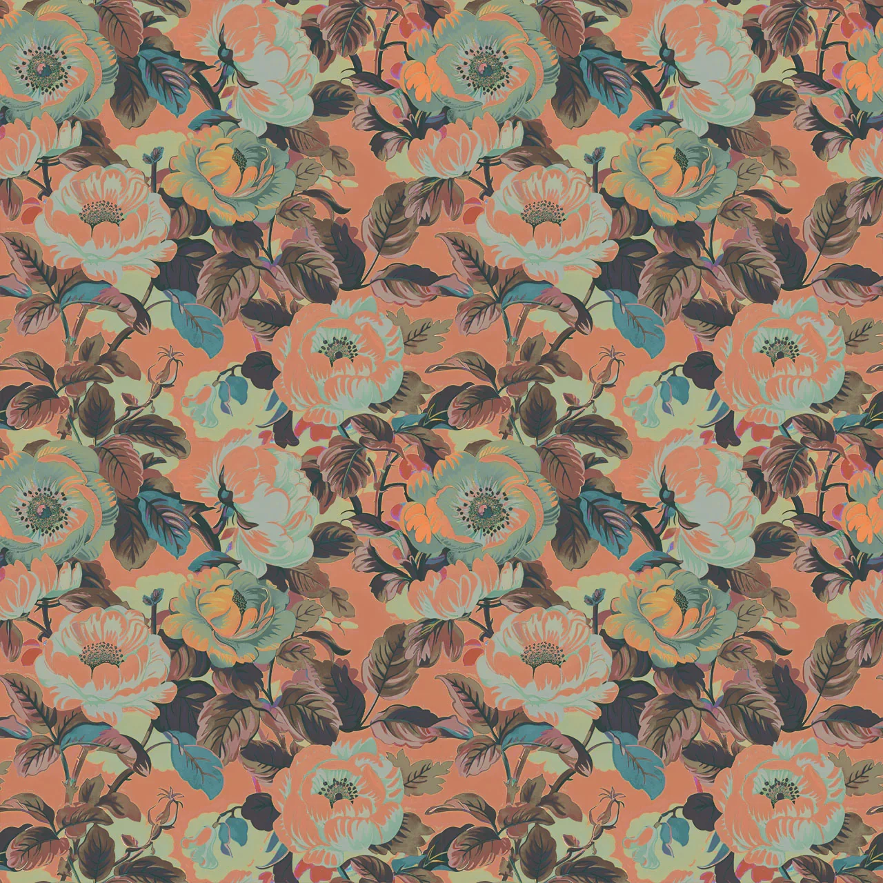 Rococo Roses Coral Wallpaper by Tatie Lou