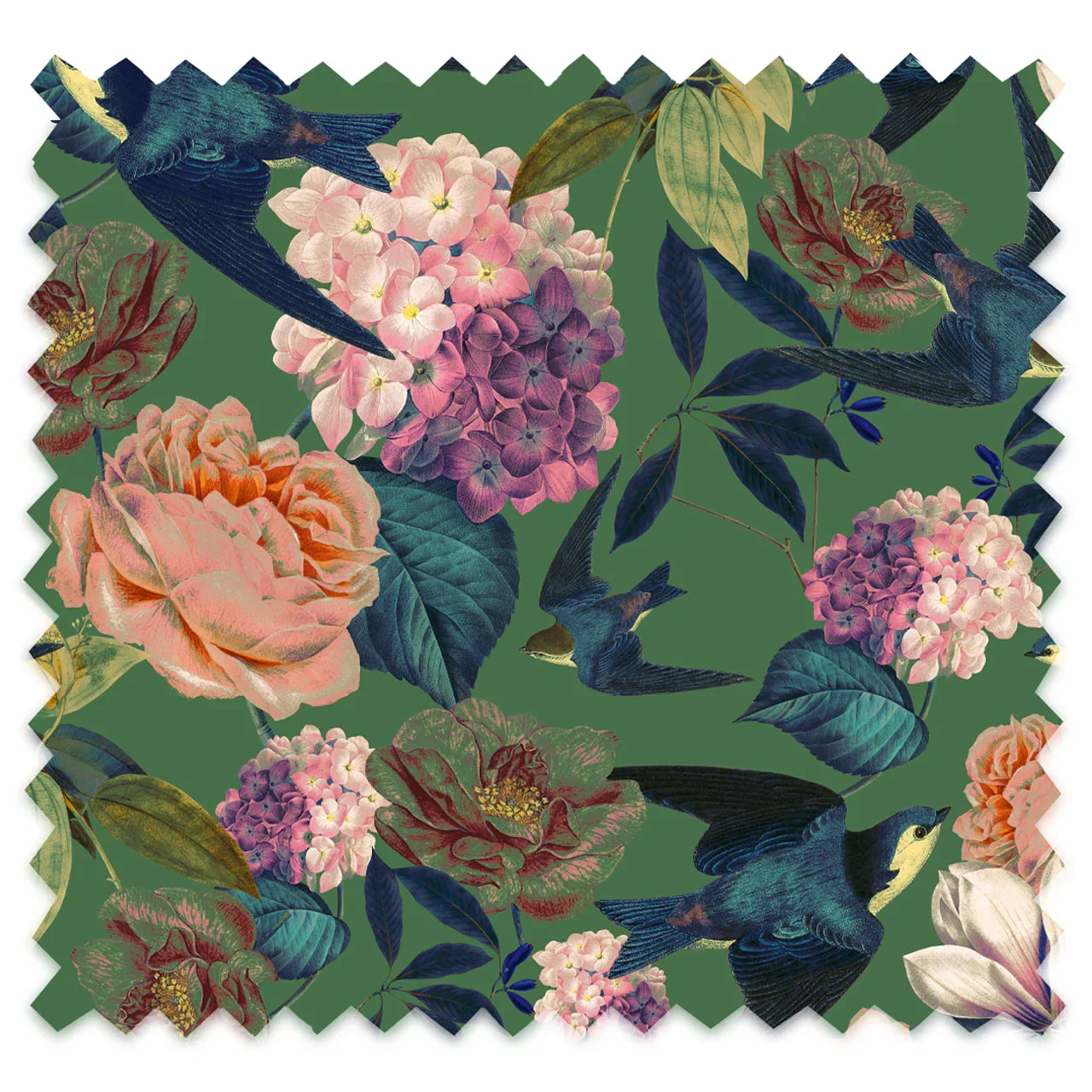 Swallows and Blooms Vine Green Linen Fabric by Tatie Lou
