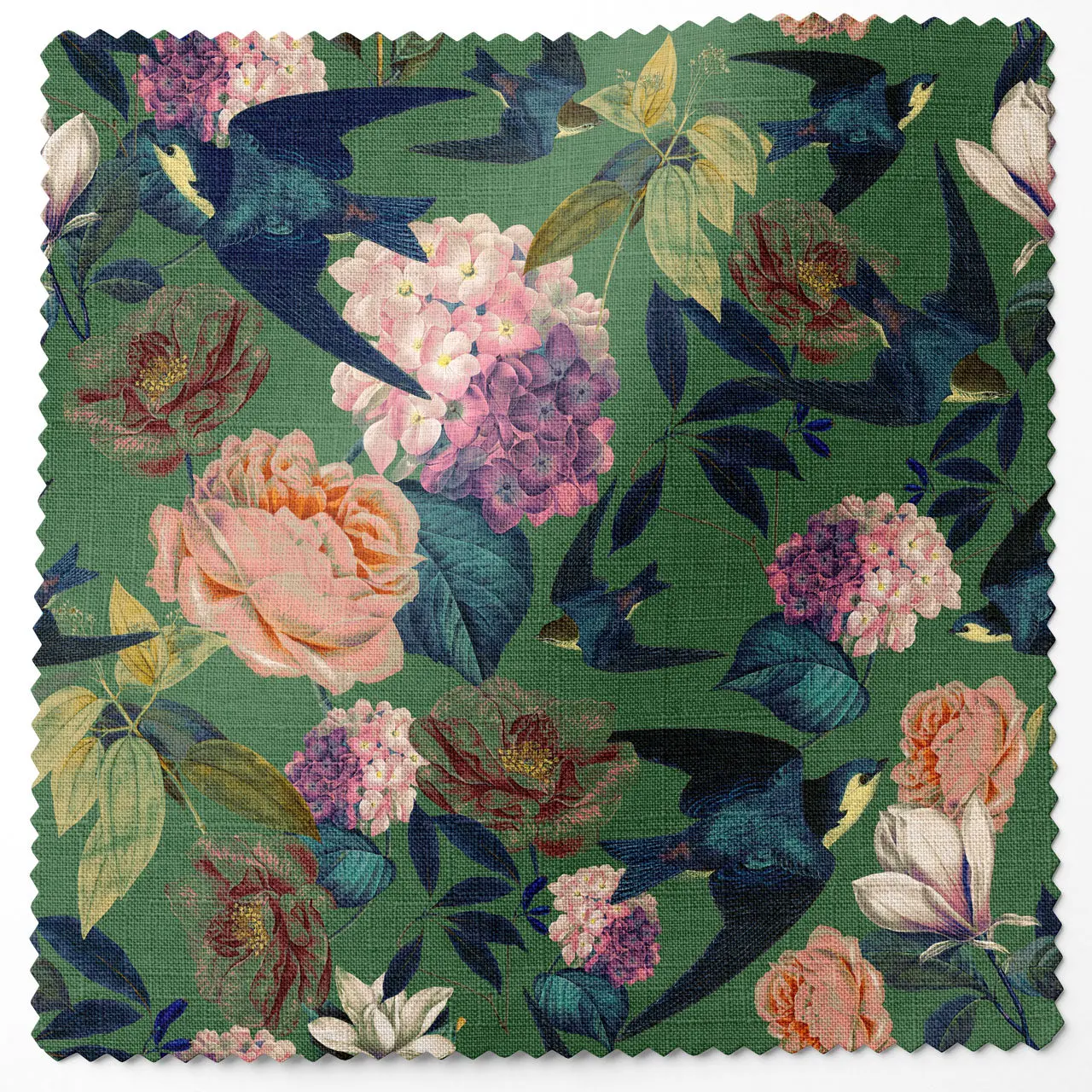 Swallows and Blooms Vine Green Linen Fabric by Tatie Lou