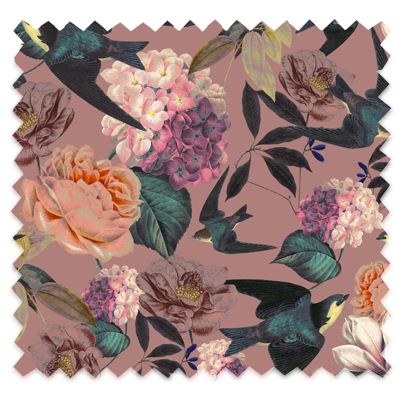 Swallows and Blooms Violet Linen Fabric by Tatie Lou