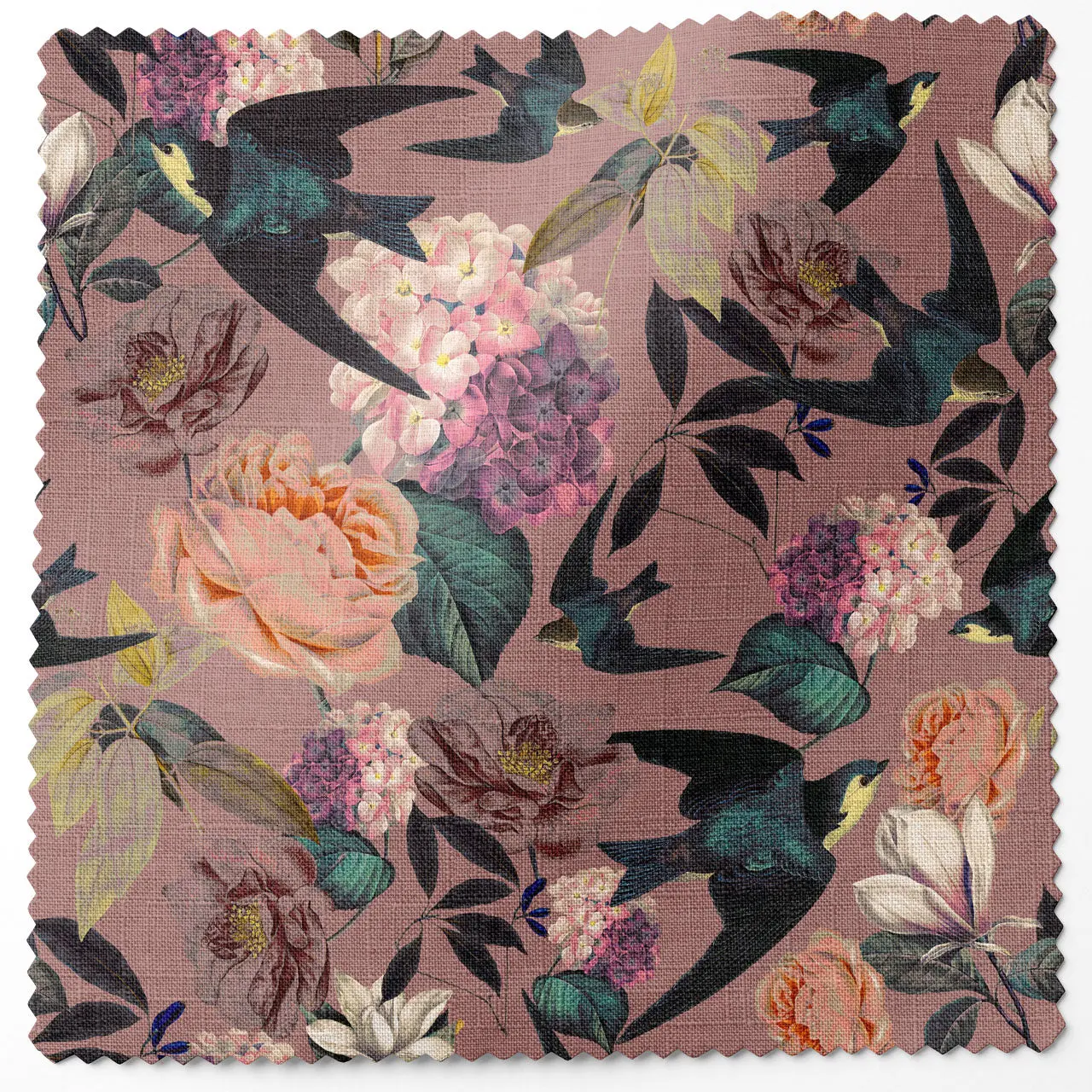 Swallows and Blooms Violet Linen Fabric by Tatie Lou
