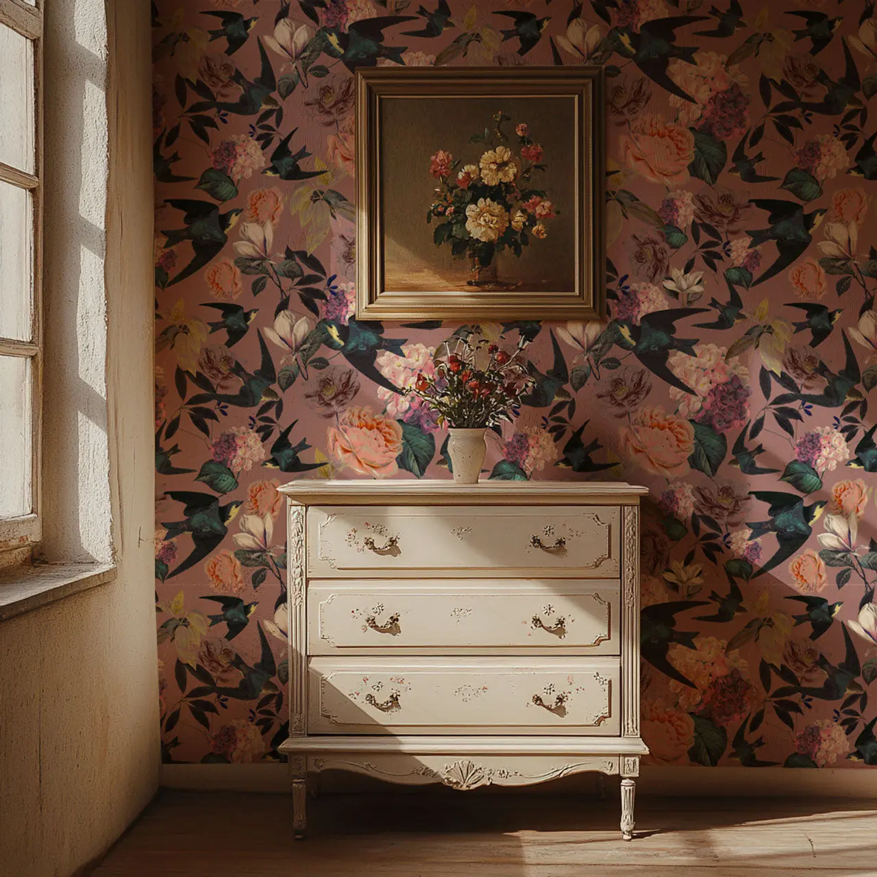 Tatie Lou Swallows and Blooms Violet wallpaper